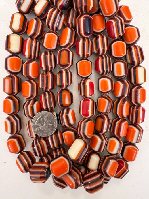 orange black white red stripe, vintage look resin, 19x15mm bicone, 15