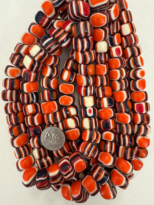 orange black white red stripe, vintage look resin, 18x11mm nugget heishi rondelle, 15