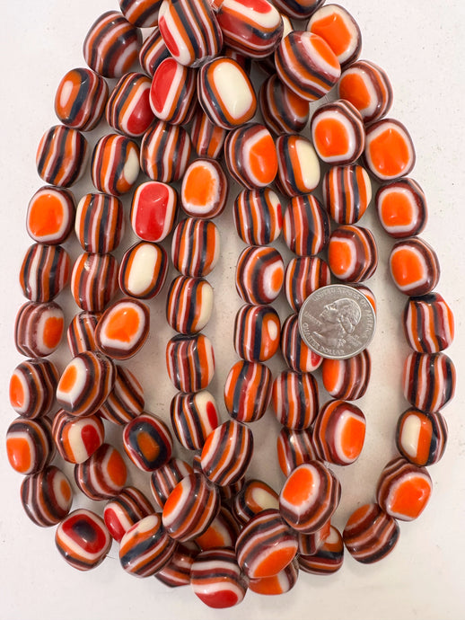 orange black white red stripe, vintage look resin, 19x16mm barrel nugget, 15
