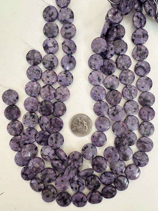purple enhanced kiwi quartz, 16x16x5mm coin, 15
