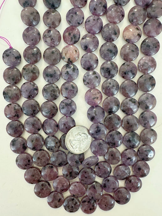 purple enhanced kiwi quartz, 15x15x6mm coin, 15