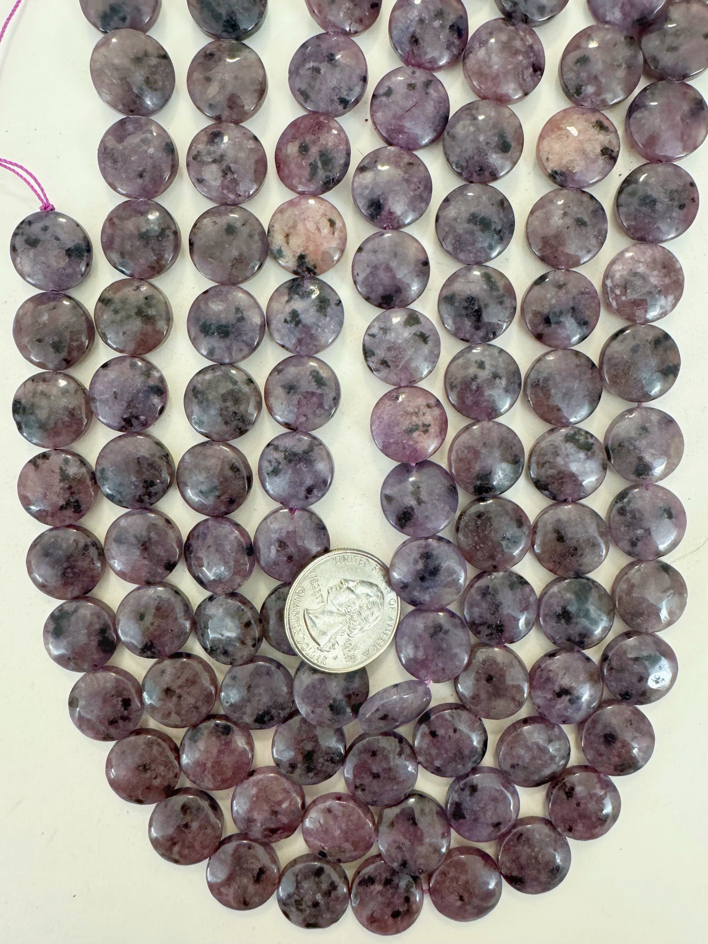 purple enhanced kiwi quartz, 15x15x6mm coin, 15