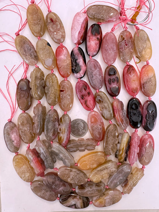 pink color enhanced agate, 40x20x15mm carved flower motif, 15