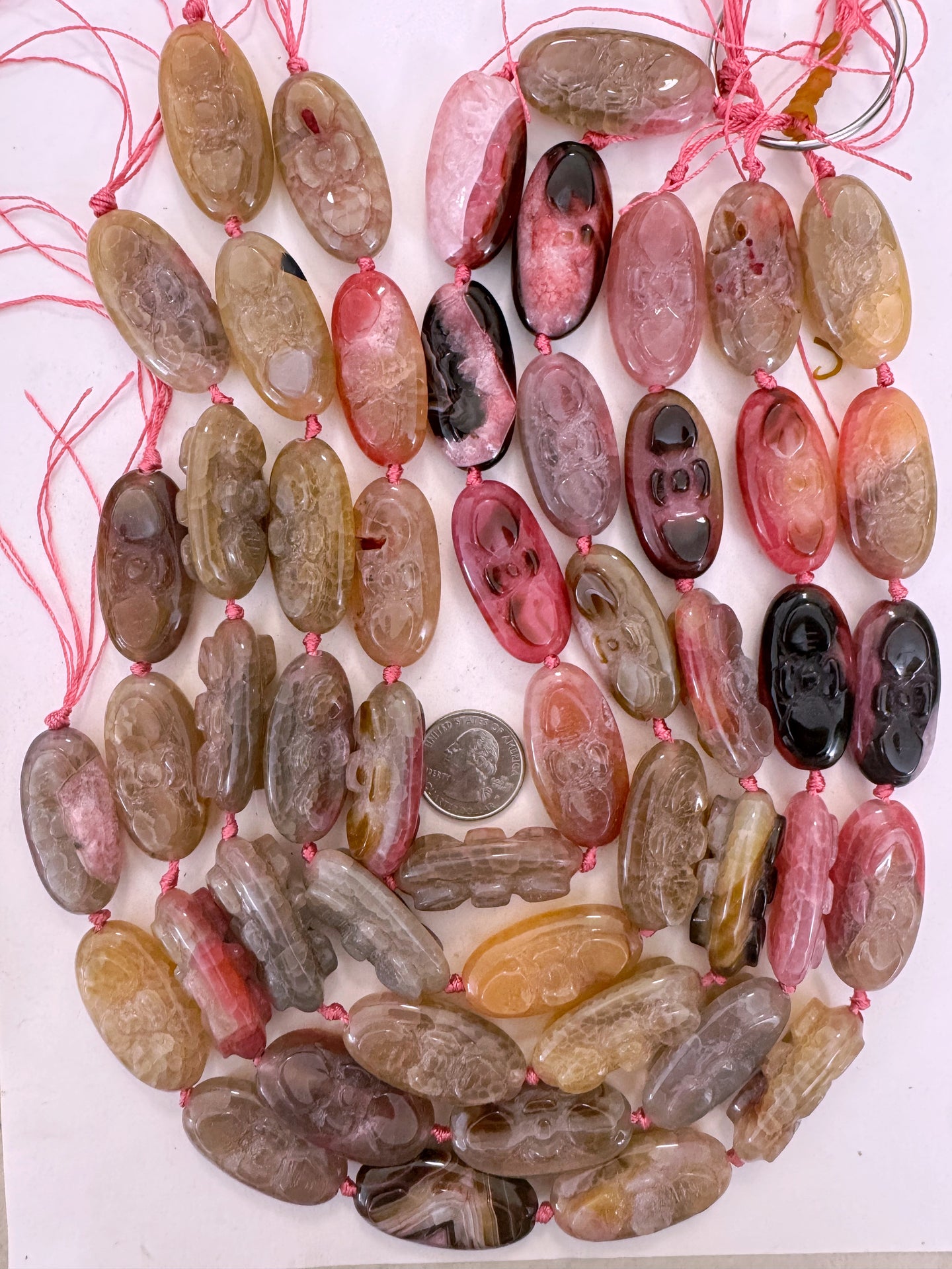 pink color enhanced agate, 40x20x15mm carved flower motif, 15