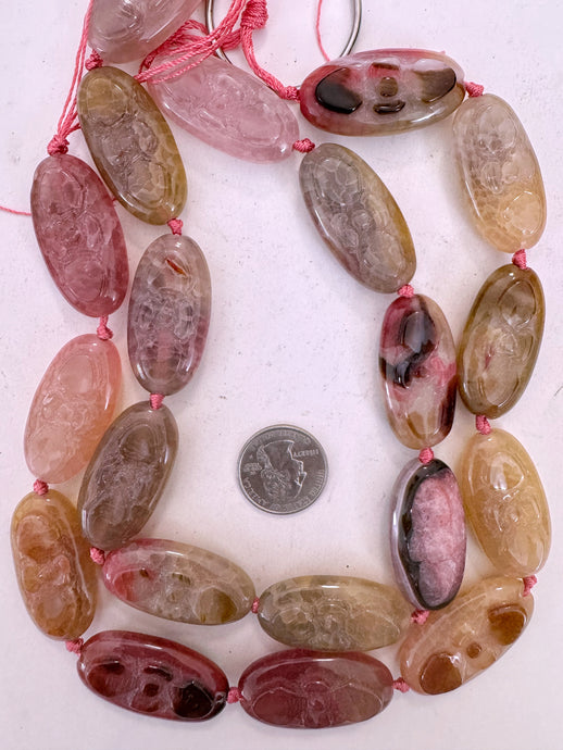 pink color enhanced agate, 40x20x15mm carved flower motif, 15
