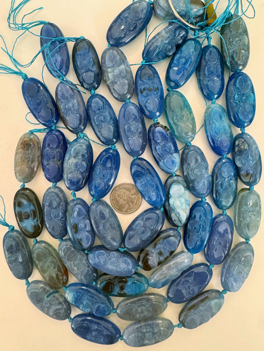 blue color enhanced agate, 40x20x15mm carved flower motif, 15