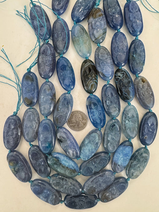 blue color enhanced agate, 40x20x15mm carved flower motif, 15