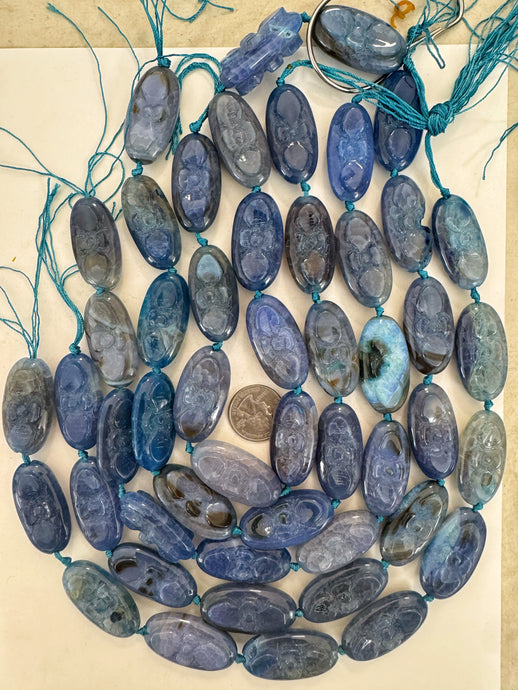 blue color enhanced agate, 40x20x15mm carved flower motif, 15