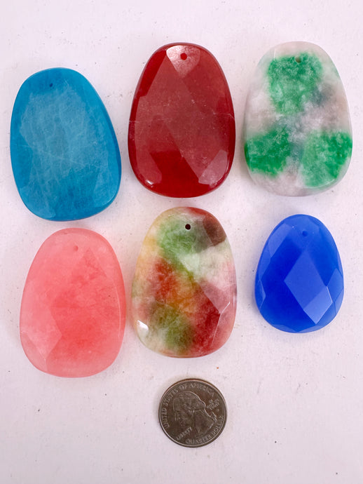color enhanced jade and agate, 40-50mm faceted pendant, 6 pendant lot