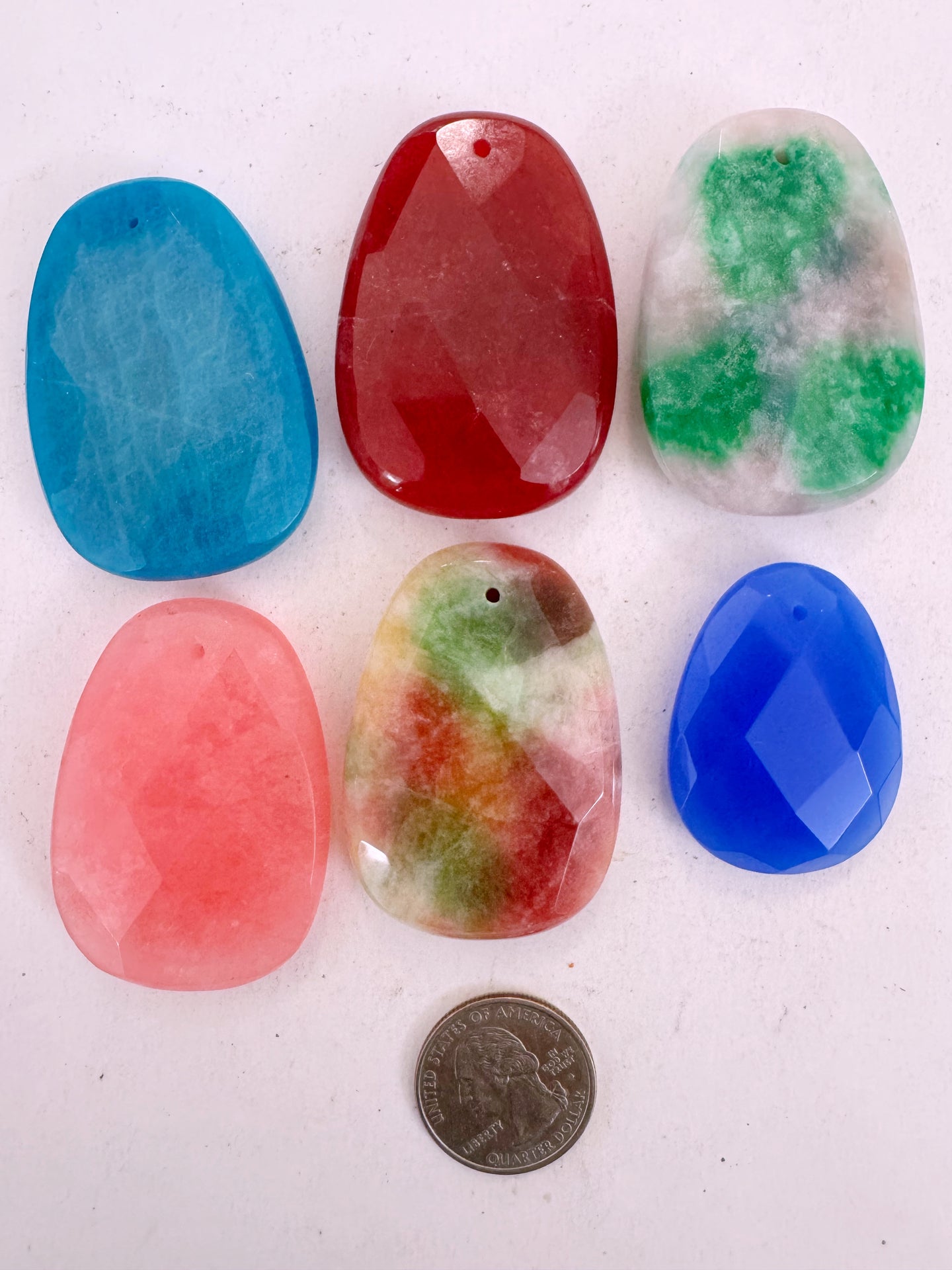 color enhanced jade and agate, 40-50mm faceted pendant, 6 pendant lot
