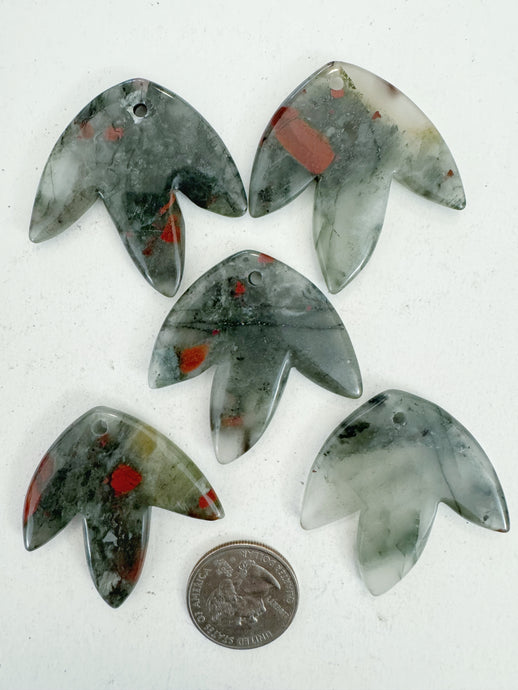 gray bloodstone, 42x42x5mm carved leaf motif pendant mix, 5 piece lot (batch 2)
