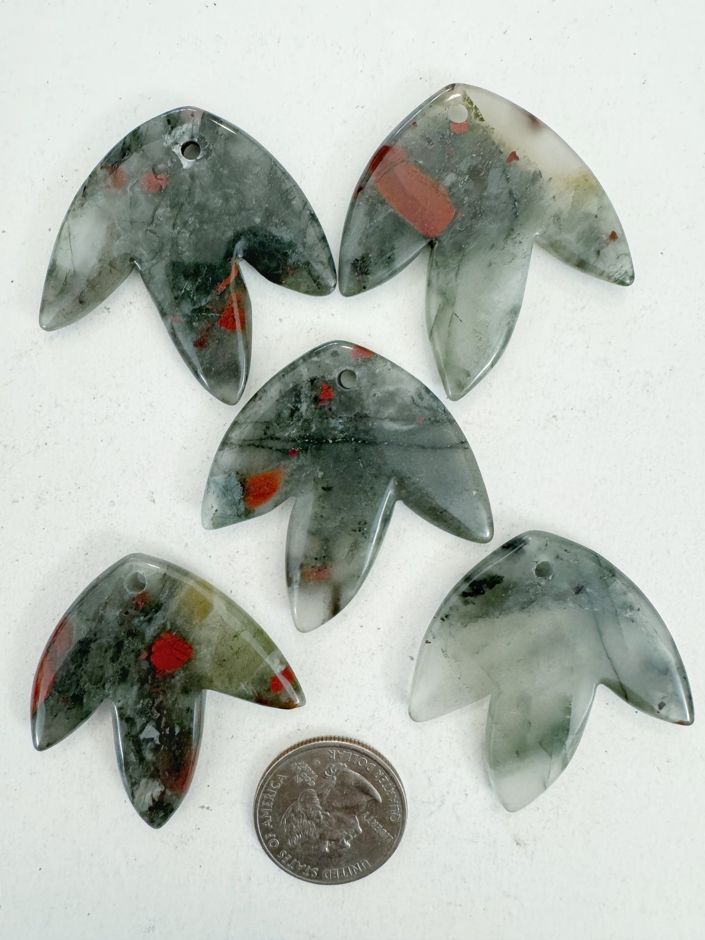 gray bloodstone, 42x42x5mm carved leaf motif pendant mix, 5 piece lot (batch 2)