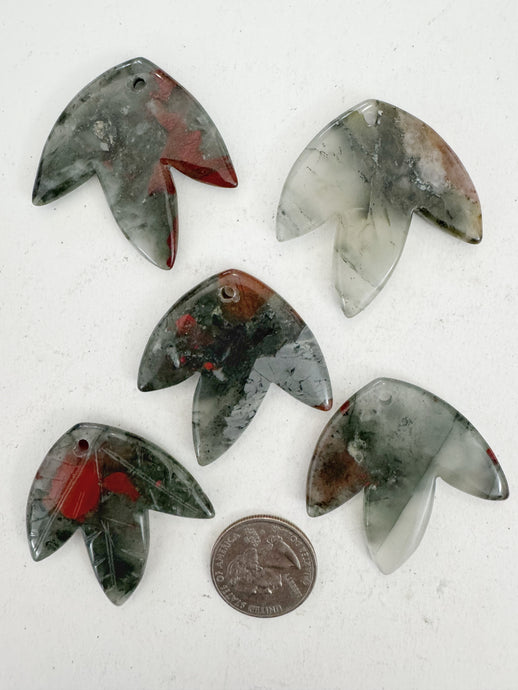 gray bloodstone, 42x42x5mm carved leaf motif pendant mix, 5 piece lot (batch 3)
