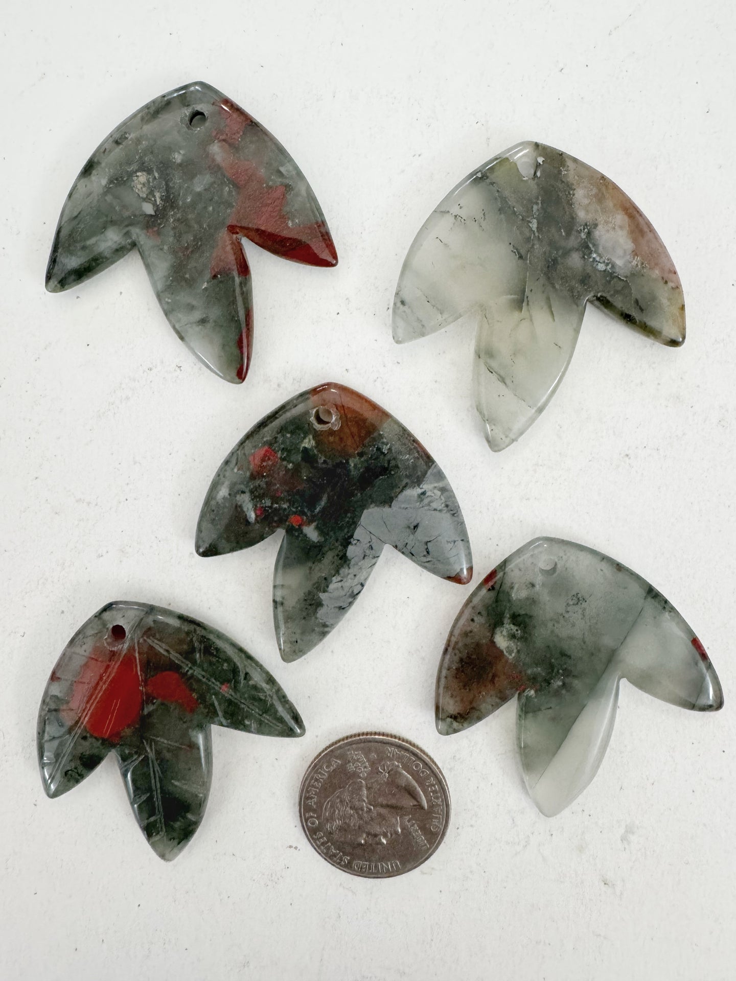 gray bloodstone, 42x42x5mm carved leaf motif pendant mix, 5 piece lot (batch 3)