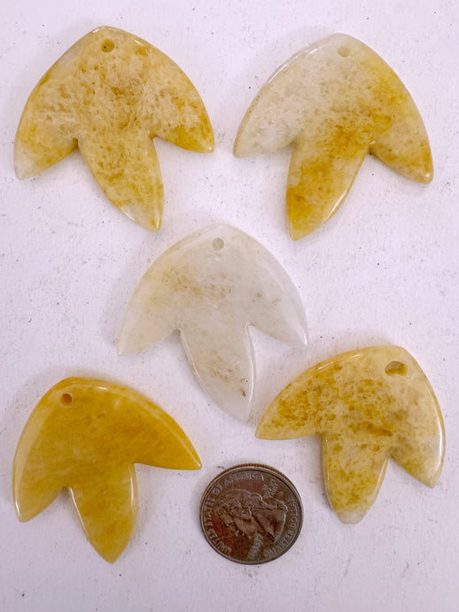 yellow jade, 42x42x5mm carved leaf motif pendant mix, 5 piece lot (batch 1)