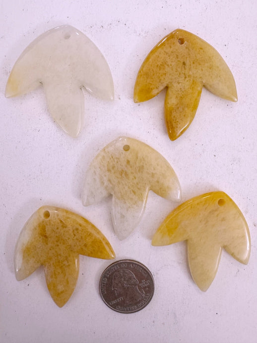 yellow jade, 42x42x5mm carved leaf motif pendant mix, 5 piece lot (batch 2)