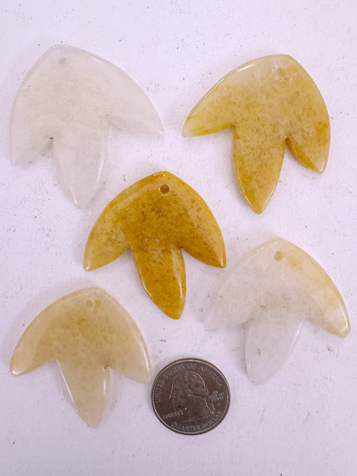 yellow jade, 42x42x5mm carved leaf motif pendant mix, 5 piece lot (batch 3)