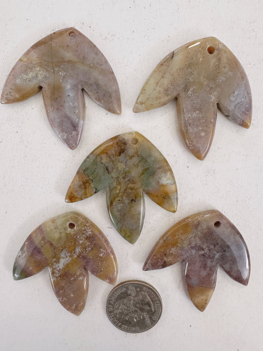 indian agate, 42x42x5mm carved leaf motif pendant mix, 5 piece lot (batch 2)