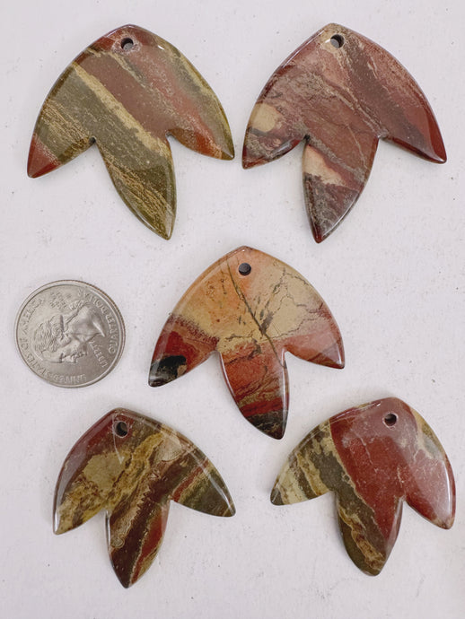 red silver leaf jasper, 42x42x5mm carved leaf motif pendant mix, 5 piece lot (batch 3)