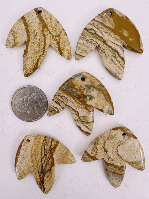 picture jasper, 42x42x5mm carved leaf motif pendant mix, 5 piece lot (batch 1)