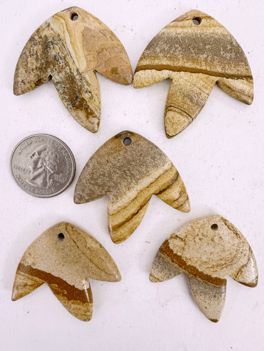 picture jasper, 42x42x5mm carved leaf motif pendant mix, 5 piece lot (batch 2)