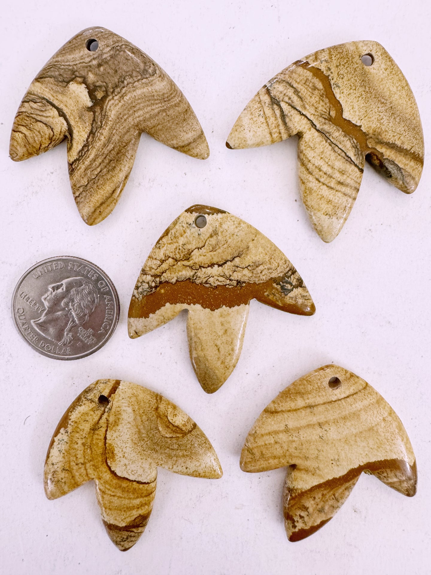 picture jasper, 42x42x5mm carved leaf motif pendant mix, 5 piece lot (batch 3)