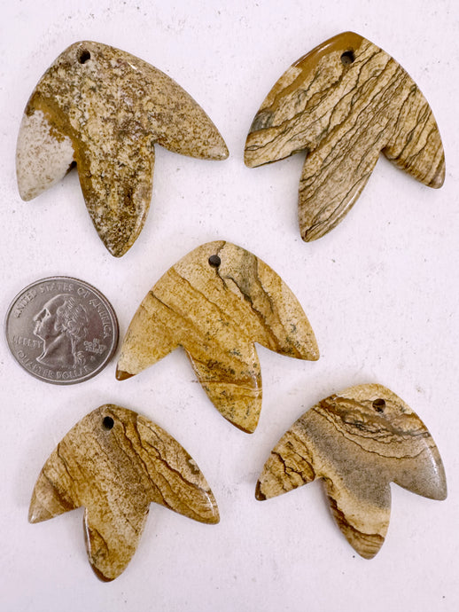 picture jasper, 42x42x5mm carved leaf motif pendant mix, 5 piece lot (batch 4)
