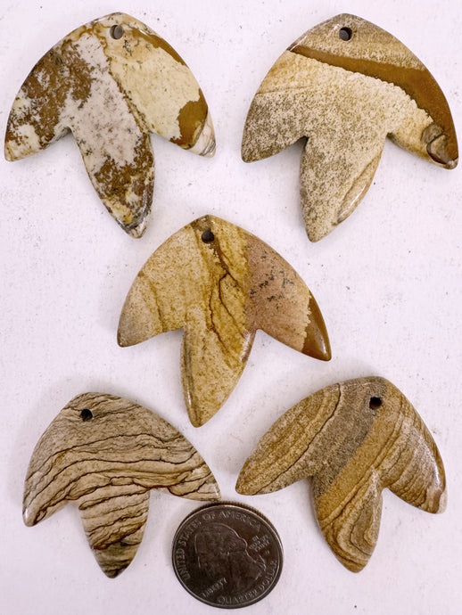 picture jasper, 42x42x5mm carved leaf motif pendant mix, 5 piece lot (batch 5)