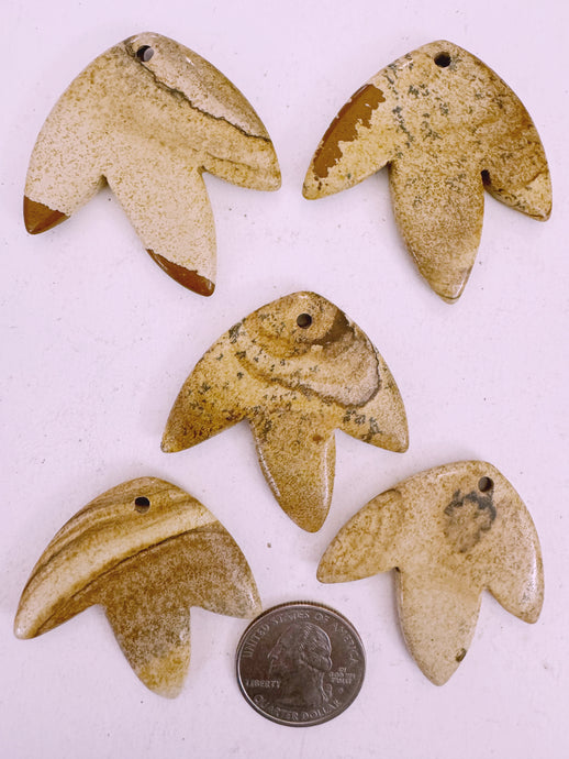 picture jasper, 42x42x5mm carved leaf motif pendant mix, 5 piece lot (batch 6)
