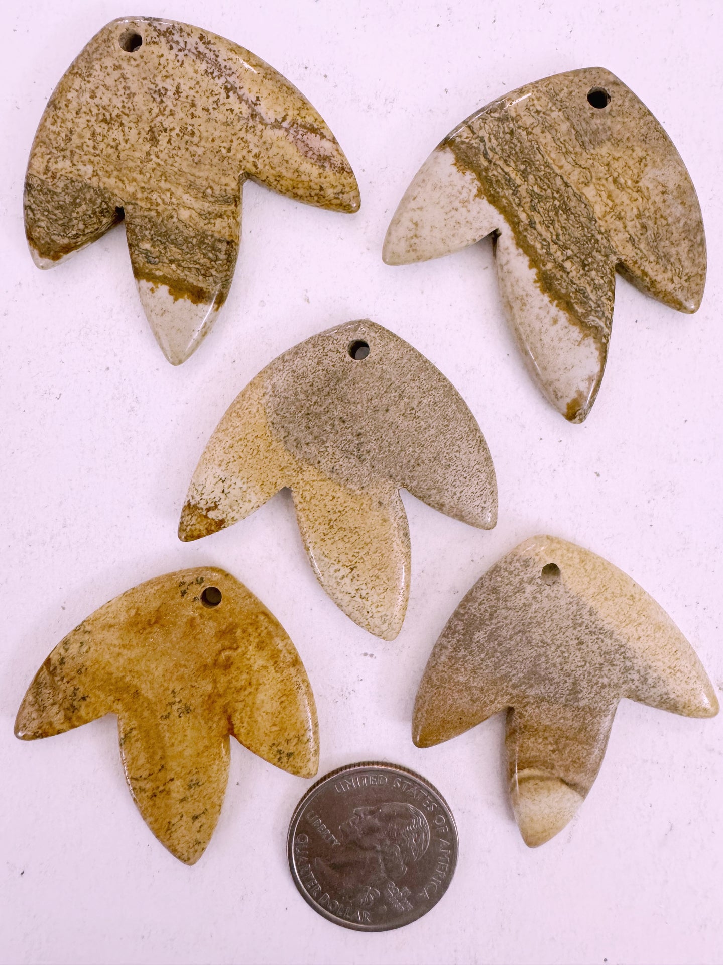 picture jasper, 42x42x5mm carved leaf motif pendant mix, 5 piece lot (batch 7)