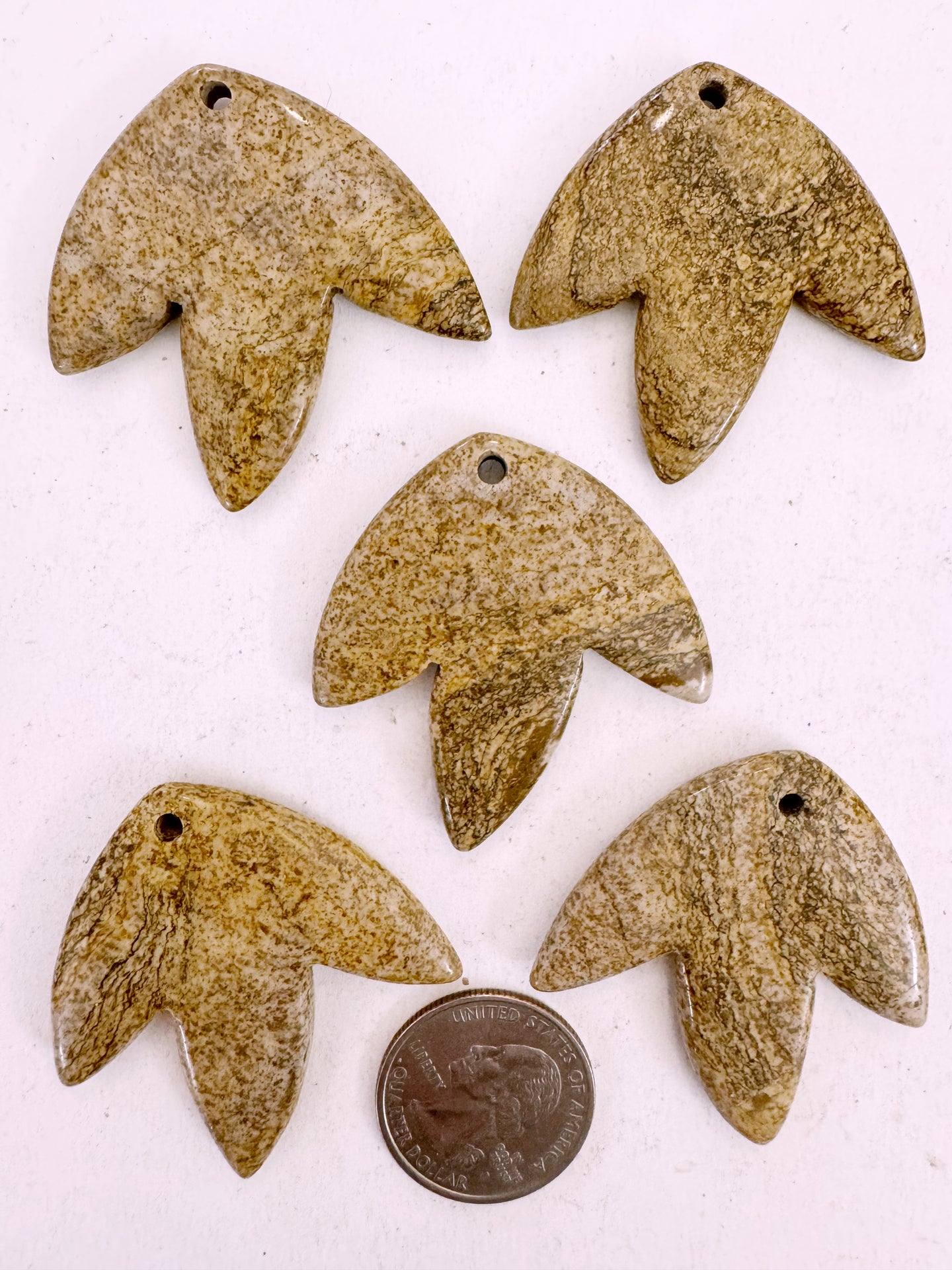 picture jasper, 42x42x5mm carved leaf motif pendant mix, 5 piece lot (batch 8)