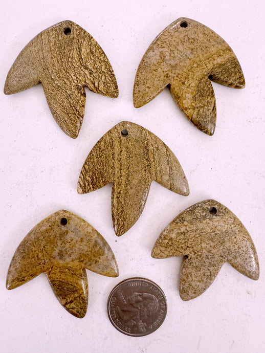 picture jasper, 42x42x5mm carved leaf motif pendant mix, 5 piece lot (batch 9)