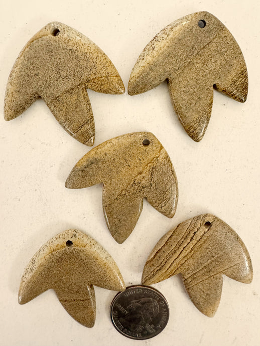 picture jasper, 42x42x5mm carved leaf motif pendant mix, 5 piece lot (batch 10)