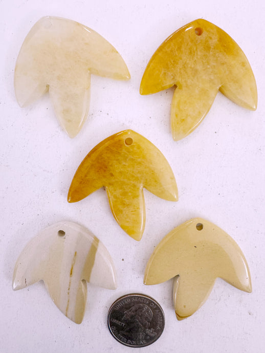 yellow jade, yellow jasper, 42x42x5mm carved leaf motif pendant mix, 5 piece lot