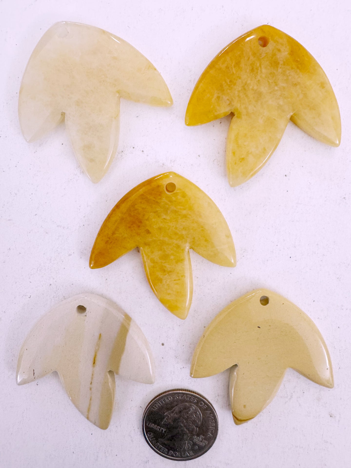 yellow jade, yellow jasper, 42x42x5mm carved leaf motif pendant mix, 5 piece lot