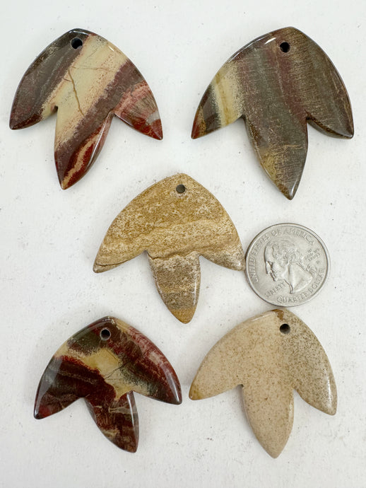 red silver leaf jasper, picture jasper, 42x42x5mm carved leaf motif pendant mix, 5 piece lot