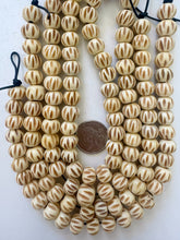 off white brown, carved line motif, vintage stock bone, 13x11mm rondelle, 11.5" strand, SOLD PER STRAND