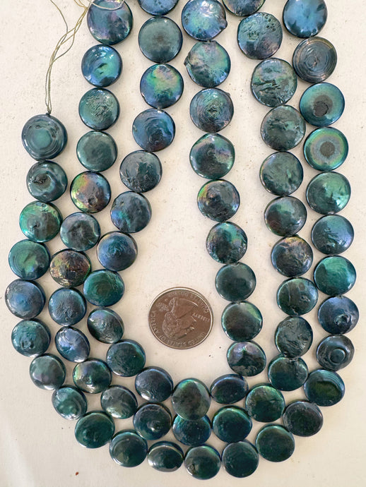 dark blue green color enhanced fresh water pearl, 14x14x4mm coin, 15
