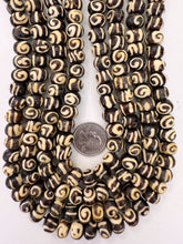brown off white, spiral motif, vintage stock bone, 12x8mm rondelle, 15" strand, SOLD PER STRAND