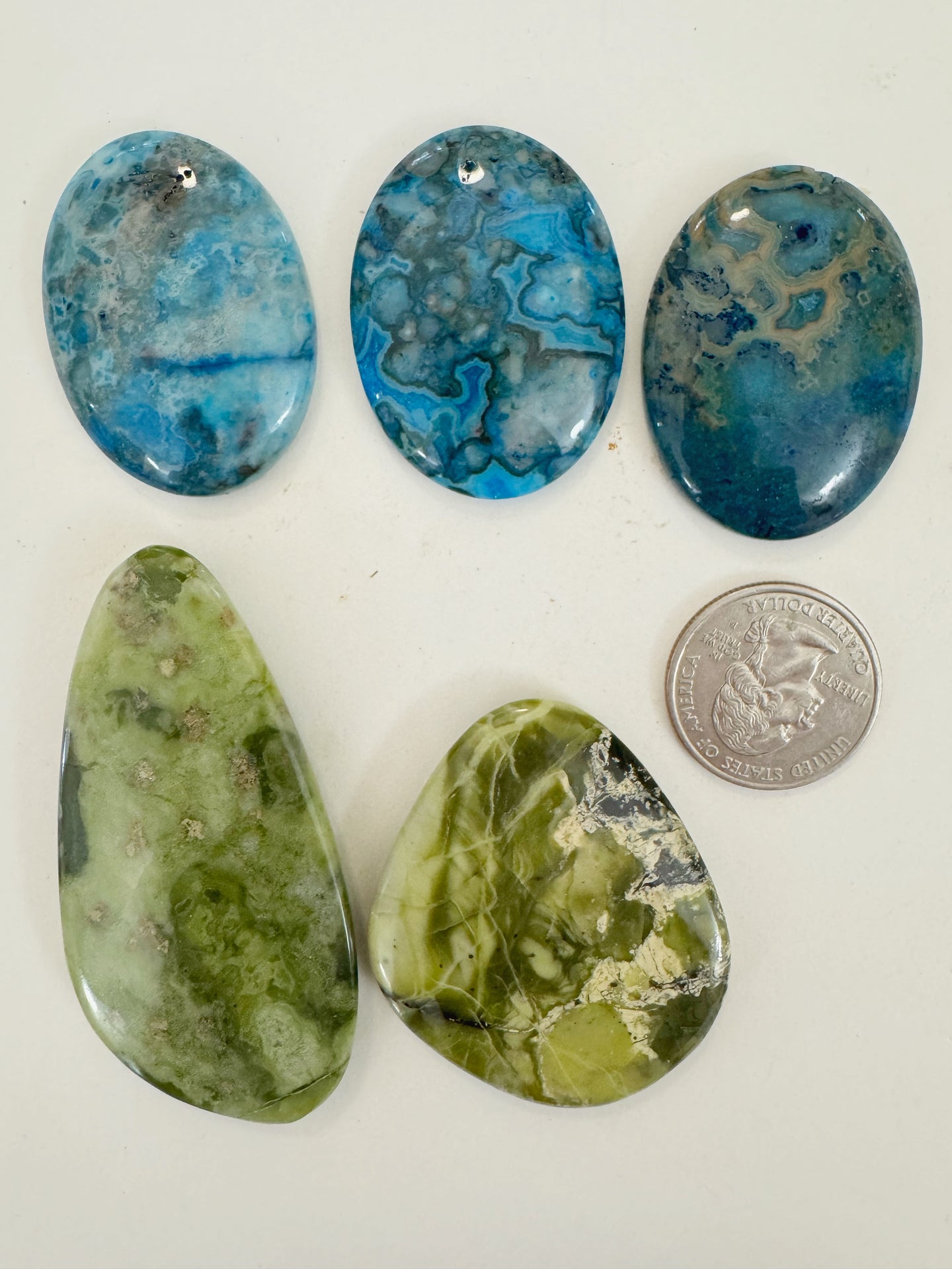 blue color enhanced crazy lace agate, olive green jasper, 40-70mm cabochon, 5 piece lot