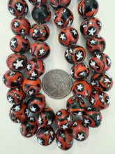pale red orange black circle star motif, vintage look glass, 15x12mm rondelle mix, 15" strand, sold per strand