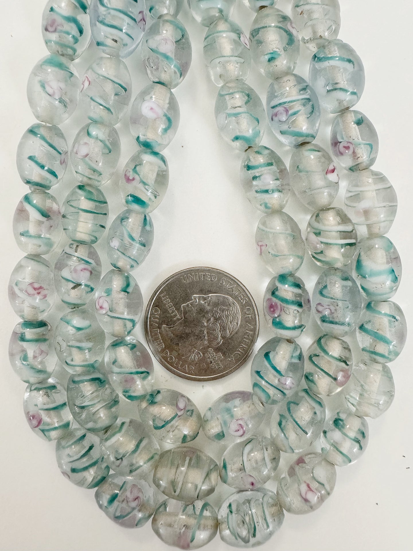 clear dark aqua blue dark pink white swirl floral motif, vintage look glass, 14x11mm bowed tube mix, 15