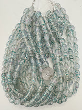 clear dark aqua blue dark pink white swirl floral motif, vintage look glass, 14x11mm bowed tube mix, 15" strand, sold per strand