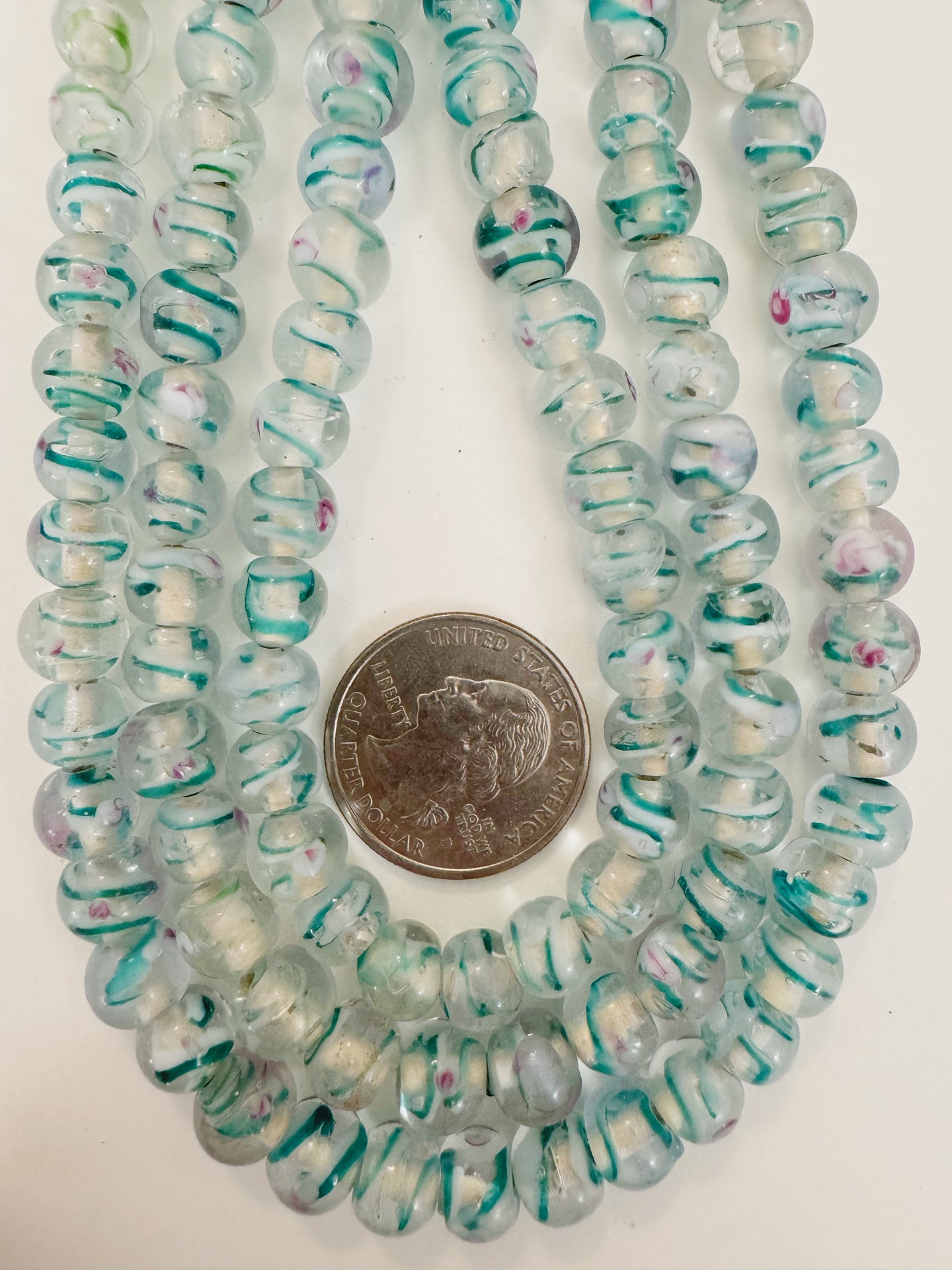 clear dark aqua blue dark pink white swirl floral motif, vintage look glass, 9mm round mix, 15