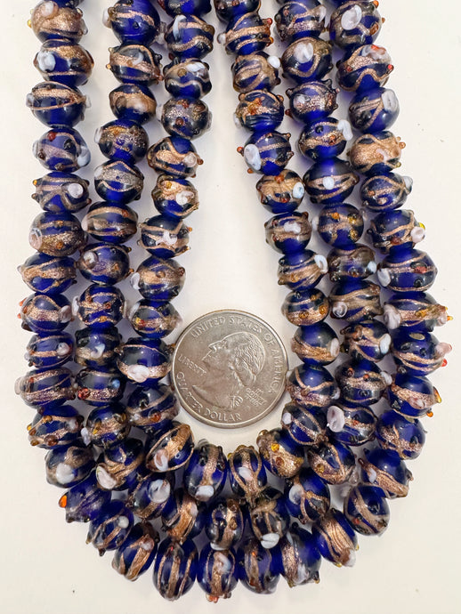 cobalt blue metallic copper white red swirl dot motif, vintage look glass, 10x8mm rondelle mix, 15