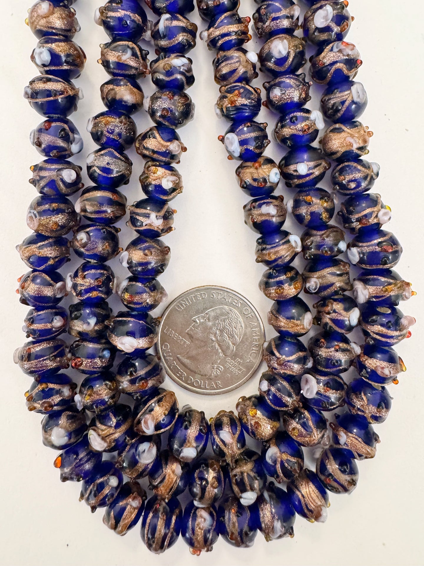 cobalt blue metallic copper white red swirl dot motif, vintage look glass, 10x8mm rondelle mix, 15