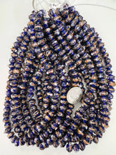 cobalt blue metallic copper white red swirl dot motif, vintage look glass, 10x8mm rondelle mix, 15" strand, sold per strand