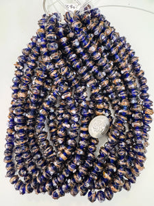 cobalt blue metallic copper white red swirl dot motif, vintage look glass, 10x8mm rondelle mix, 15" strand, sold per strand