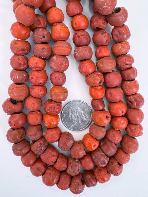 pale dark coral red faux ancient coral motif, single color, vintage look glass, 13x10mm rondelle mix, 15