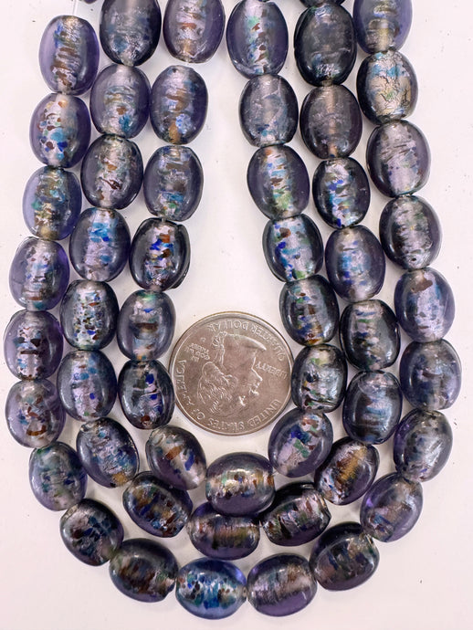 dark pale blue purple blue red swirl motif, vintage look glass, 13x11x6mm oval mix, 15